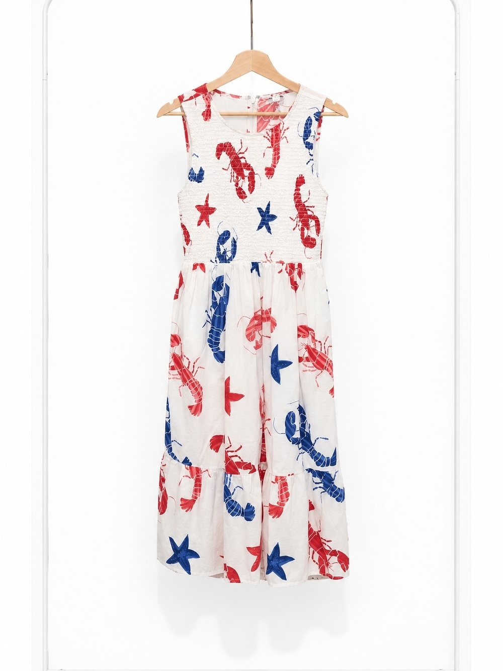 J. Crew White Midi Dress with Red & Blue Sea Life Print
